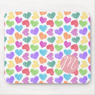 Tapis De Souris Moderne Vibrant Rainbow Doodle Hearts Monogramme