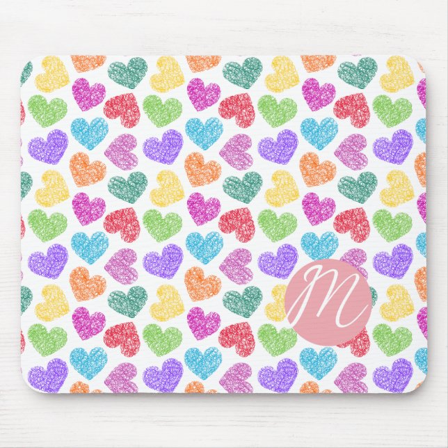 Tapis De Souris Moderne Vibrant Rainbow Doodle Hearts Monogramme (Devant)