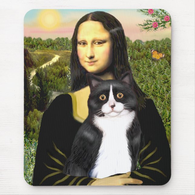 Tapis De Souris Mona Lisa - chat noir et blanc (Devant)