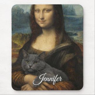 Tapis De Souris Mona Lisa tenant un élégant chat gris             