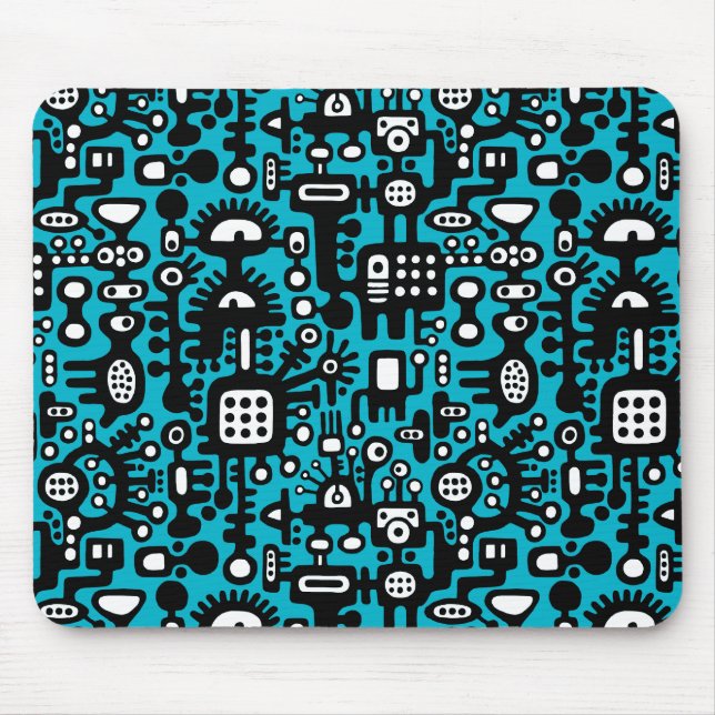 Tapis De Souris Monde mécanoïaque - Noir et blanc avec Aqua Blue (Devant)
