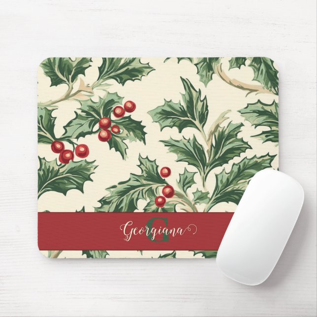 Tapis De Souris Monogram Vintage Christmas Holly & Berries Motif (Avec souris)