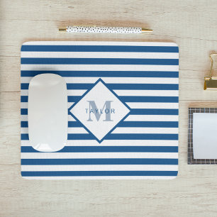 Tapis De Souris Monogramme à rayures bleues classiques