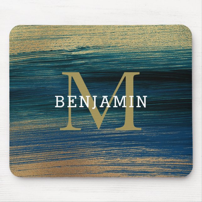 Tapis De Souris Monogramme Abstrait de marine et d'or Hommes (Devant)