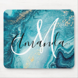 Tapis De Souris Monogramme Abstrait en marbre bleu