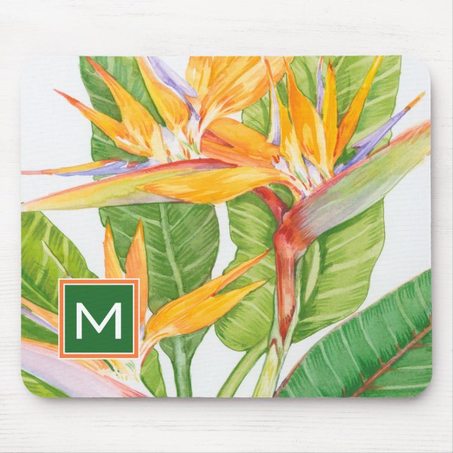 Tapis De Souris Monogramme | Aquarelle de fleurs exotiques (Devant)
