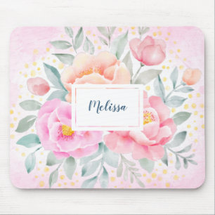 Tapis De Souris Monogramme Aquarelle pivoines Roses rose Floral