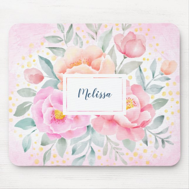 Tapis De Souris Monogramme Aquarelle pivoines Roses rose Floral (Devant)