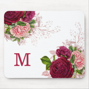 Tapis De Souris Monogramme blanc floral rose violet élégant