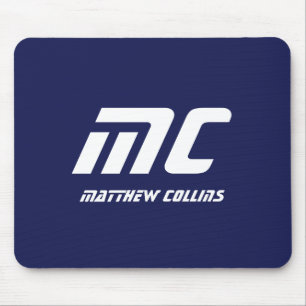 Tapis De Souris Monogramme Bleu Moderne Minimaliste Nom Blanc Simp