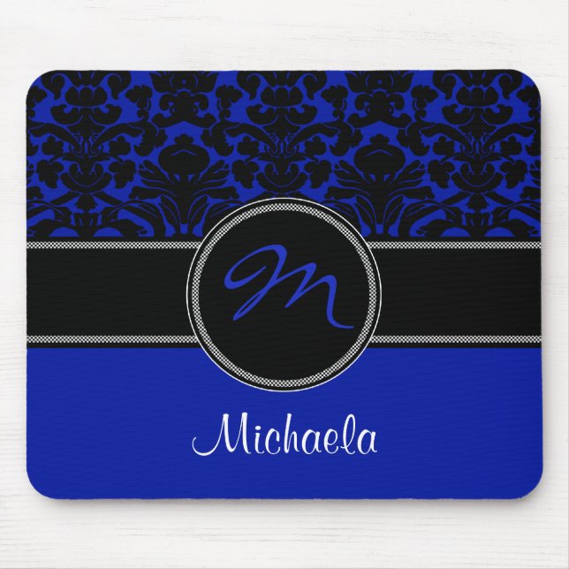 Tapis De Souris Monogramme Bleu Noir Blanc Damas Mousepad (Devant)