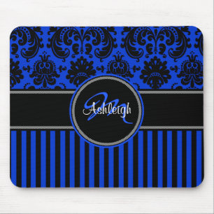 Tapis De Souris Monogramme Bleu Noir Bleu Blancs Damas Mousepad