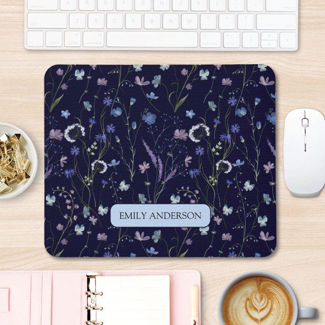 Tapis De Souris Monogramme bleu violet Fleur sauvage motif floral (In situ)