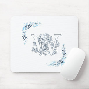 Tapis De Souris Monogramme bleu "W" initial Flore calme