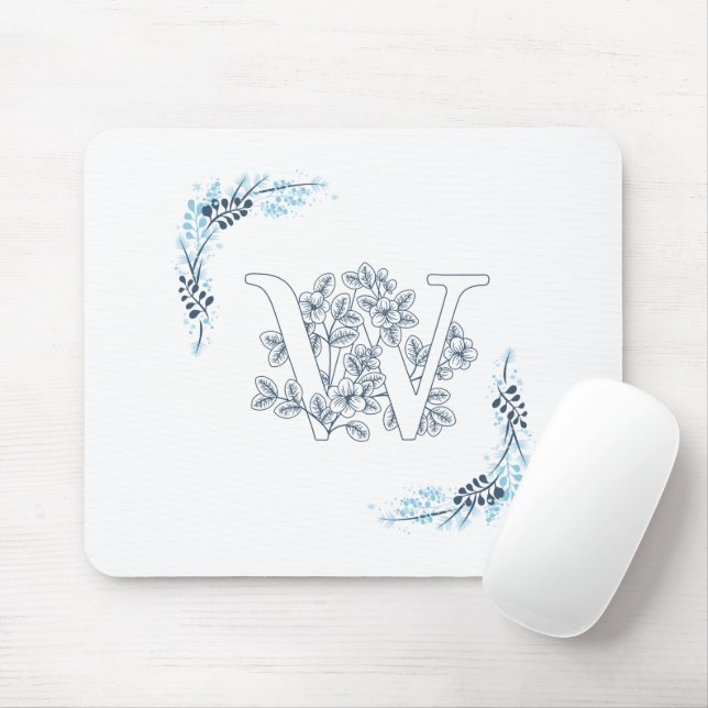 Tapis De Souris Monogramme bleu "W" initial Flore calme (Avec souris)