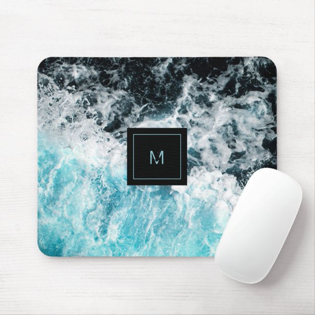 Tapis De Souris Monogramme Blue Black Ocean Waves (Avec souris)