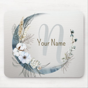 Tapis De Souris Monogramme Boho Fleurs d'orchidées blanches Lune b