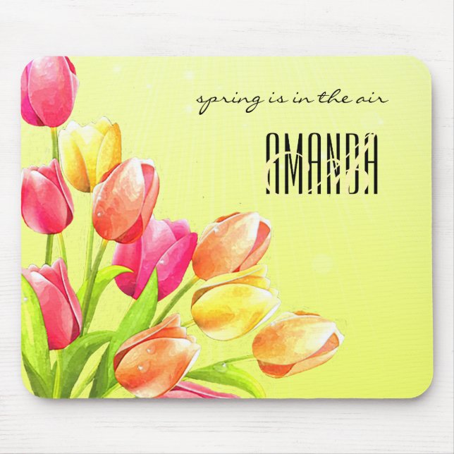 Tapis De Souris Monogramme Bouquet Tulipes Aquarelles (Devant)