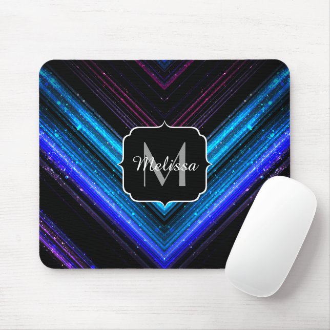 Tapis De Souris Monogramme brillant bleu métallique violet chevron (Avec souris)