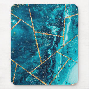 Tapis De Souris Monogramme Chic Géode d'Agate Or et Bleu Marine Él