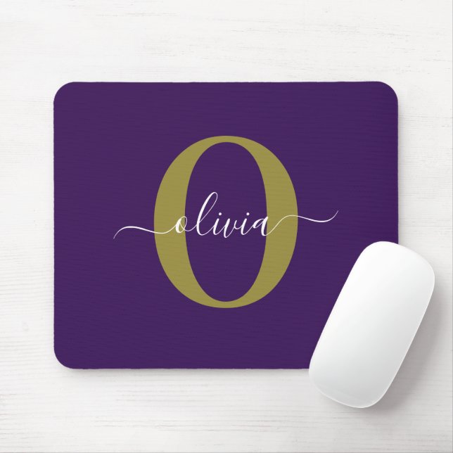 Tapis De Souris Monogramme customisé Nom du script Purple White Go (Avec souris)