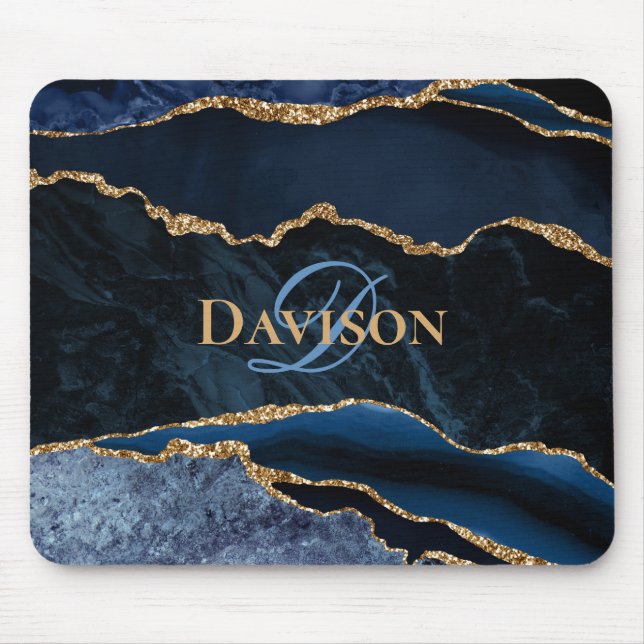 Tapis De Souris Monogramme d'agate bleu marine or élégant (Devant)