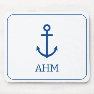 Tapis De Souris Monogramme d'Ancre marine bleu et blanc simple