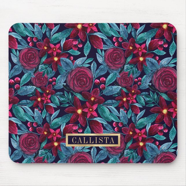 Tapis De Souris Monogramme d'aquarelle florale de Noël de la Marin (Devant)