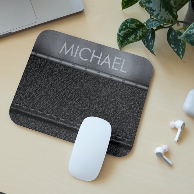 Tapis De Souris Monogramme de bande métallique en cuir noir (Créateur téléchargé)