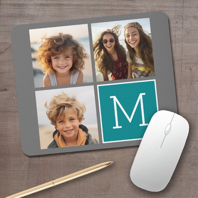 Tapis De Souris Monogramme de collection de photos Turquoise et gr (Personalized mouse pad with your photos and text)