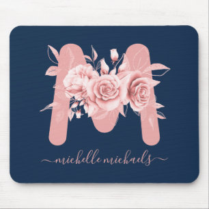 Tapis De Souris Monogramme de couleur d'eau florale de la marine R