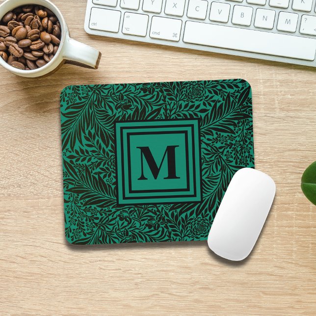 Tapis De Souris Monogramme de feuillage végétal Emerald Green (Créateur téléchargé)