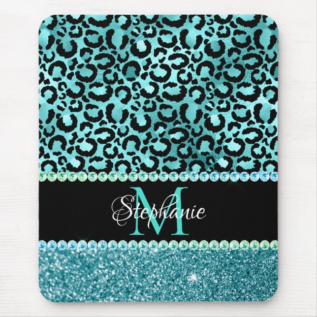 Tapis De Souris Monogramme de glamour Turquoise léopard noir et bl (Devant)