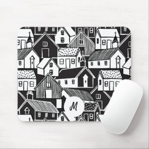 Tapis De Souris Monogramme de maisons dessinées à la main en noir