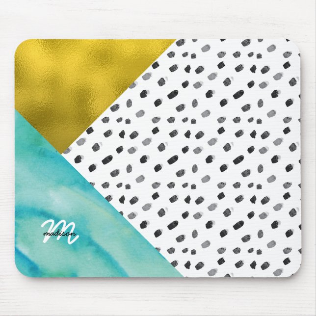 Tapis De Souris Monogramme de médias mixtes turquoise et or (Devant)