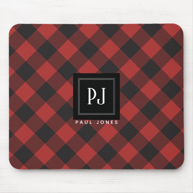 Tapis De Souris Monogramme de plaid de Buffalo rouge et noir (Devant)