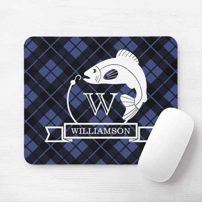 Tapis De Souris Monogramme de poisson plat bleu et de crochet (Avec souris)