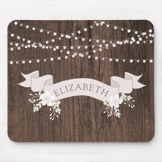 Tapis De Souris Monogramme de ruban rousse en bois rustique (Devant)