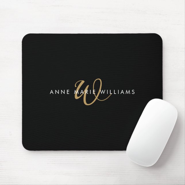 Tapis De Souris Monogramme de script or noir moderne (Avec souris)
