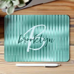 Tapis De Souris Monogramme de script rayures métal brossé Aqua