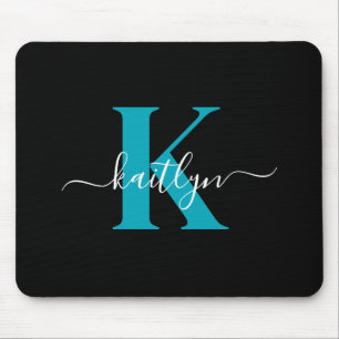 Tapis De Souris Monogramme de script sarcelle noir moderne