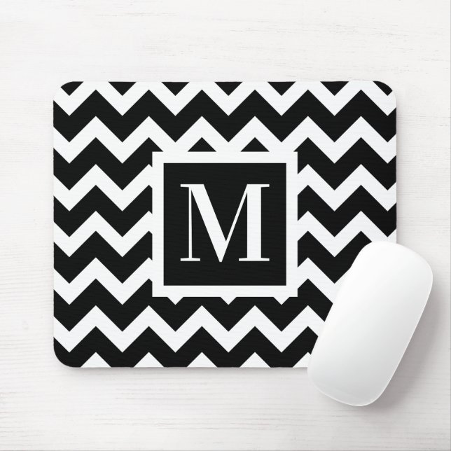Tapis De Souris Monogramme de Zigzag simple noir et blanc (Avec souris)