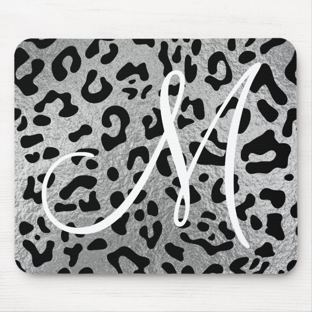 Tapis De Souris Monogramme d'huile d'argent de léopard noir et de  (Devant)