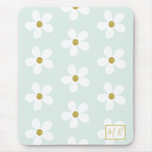 Tapis De Souris Monogramme d'or blanc vert simple marguerite (Devant)