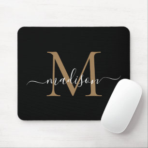 Tapis De Souris Monogramme d'or noir moderne Élégant Script de fil