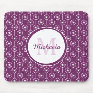 Tapis De Souris Monogramme élégant au coeur violet et blanc avec n