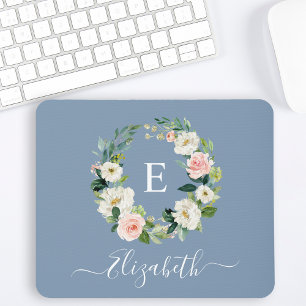 Tapis De Souris Monogramme élégant floral aquarelle rose et bleu p