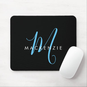 Tapis De Souris Monogramme élégant moderne noir bleu ciel écriture