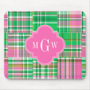 Tapis De Souris Monogramme Emerald Hot rose Preppwork Madras