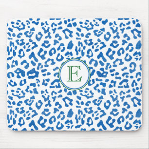 Tapis De Souris Monogramme Empreinte de léopard bleu féminin mod